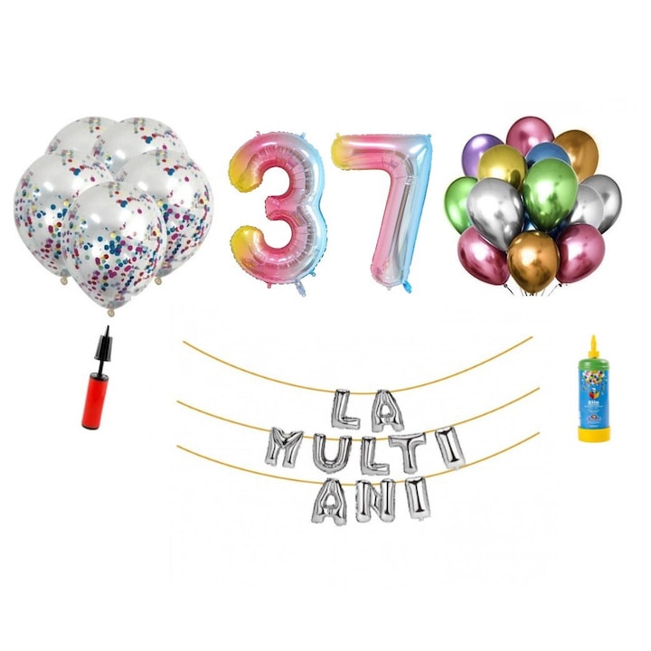 DOMI PARTY & GIFTS lufi szett, 34 elemes, Boldog születésnapot 37 év, fóliaszámok 101 cm, szivárvány + hélium palack