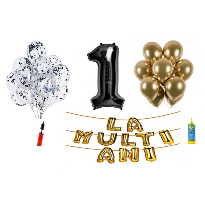 33 db DOMI PARTY & GIFTS lufi készlet, Boldog születésnapot 1 éves évfordulóra, fóliaszám 100 cm, fekete + Hélium palack