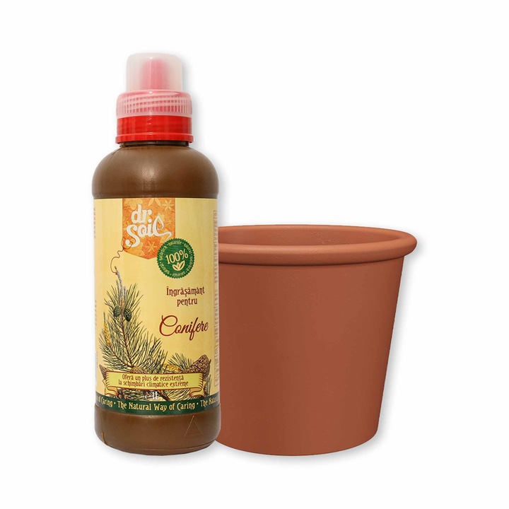 Pachet pentru ingrijirea coniferelor cu ingrasamant organic pentru conifere si ghiveci din teracota cu diametrul de 39cm