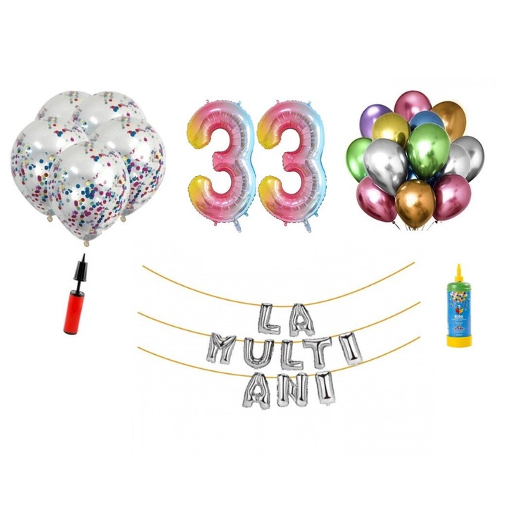 34 db DOMI PARTY & GIFTS lufi készlet, Boldog születésnapot 33 éves évfordulóra, fóliaszámok 100 cm, szivárvány + hélium palack
