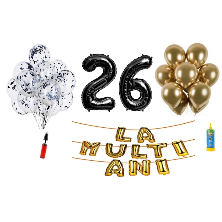 DOMI PARTY & GIFTS lufi szett, 34 elemes, Boldog születésnapot 26 éves, fóliaszámok 101 cm, fekete + Hélium palack