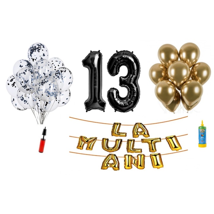 Комплект балони DOMI PARTY & GIFTS, 34 елемента, Happy Birthday 13 години юбилей, фолио цифри 101 см, черен + бутилка с хелий