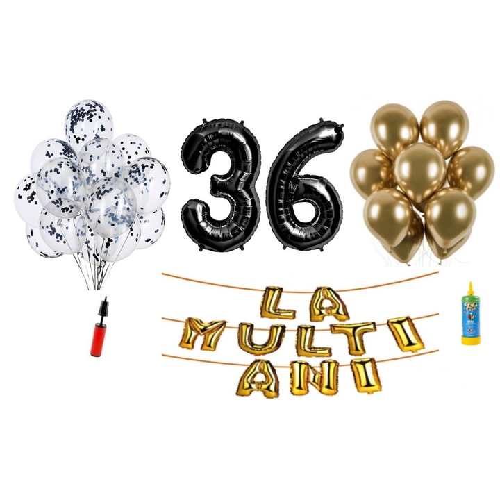 34 db DOMI PARTY & GIFTS lufi készlet, Boldog születésnapot 36 éves évfordulóra, fóliaszámok 100 cm, fekete + hélium palack