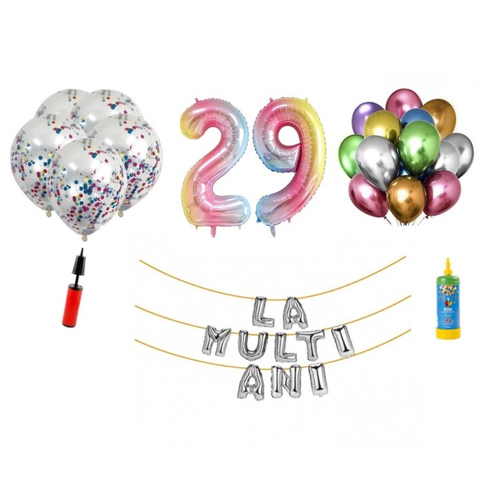 DOMI PARTY & GIFTS lufi szett, 34 elemes, Boldog születésnapot 29 éves, fóliaszámok 101 cm, szivárvány + hélium palack