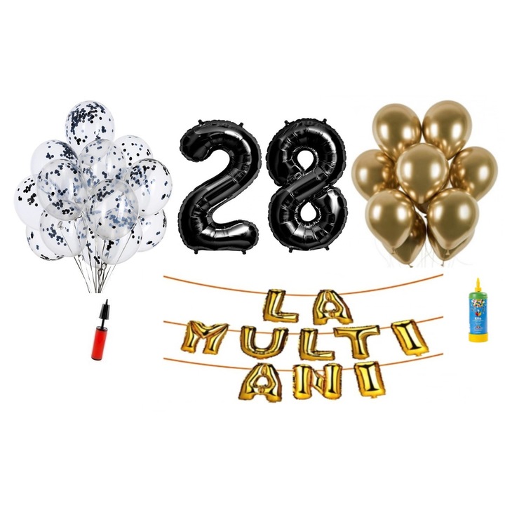 Комплект 34 балона DOMI PARTY & GIFTS, Happy Birthday 28 години, цифри от фолио 100 см, черни + бутилка с хелий