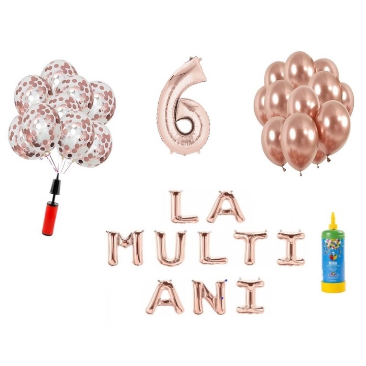 33 db DOMI PARTY & GIFTS lufi készlet, Boldog születésnapot 6 éves évfordulóra, 100 cm-es fóliafigura, rózsa arany + hélium palack