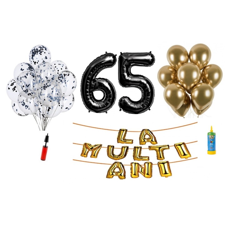 34 db DOMI PARTY & GIFTS lufi készlet, Boldog születésnapot 65 éves évfordulóra, fóliaszámok 100 cm, fekete + hélium palack