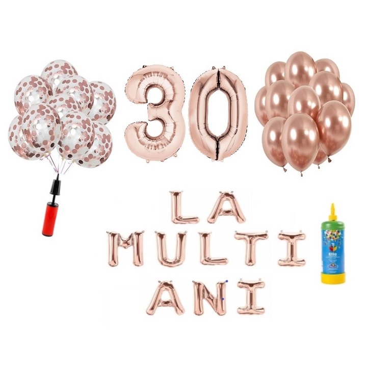 Set 34 baloane DOMI PARTY & GIFTS, La Multi Ani aniversare 30 ani, cifre folie 100 cm, rose gold + Butelie de heliu