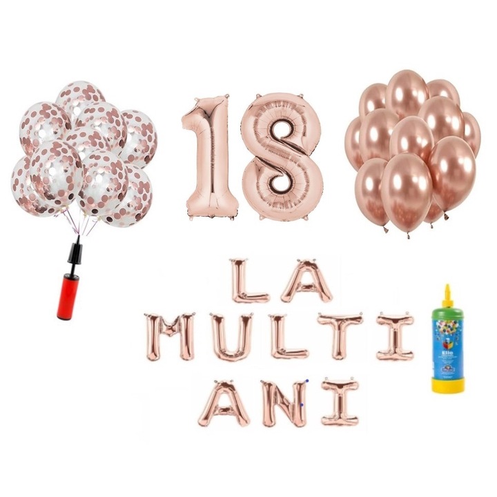 Set 34 baloane DOMI PARTY & GIFTS, La Multi Ani aniversare 18 ani, cifre folie 100 cm, rose gold + Butelie de heliu