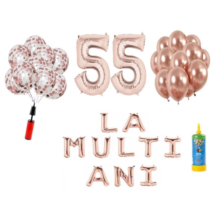 Set 34 baloane DOMI PARTY & GIFTS, La Multi Ani aniversare 55 ani, cifre folie 100 cm, rose gold + Butelie de heliu