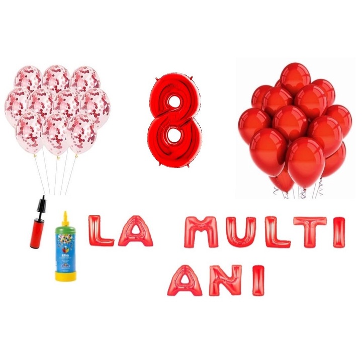 DOMI PARTY & GIFTS lufi szett, 33 elemes, Boldog születésnapot 8 éves évfordulóra, fóliaszám 101 cm, piros + Hélium palack
