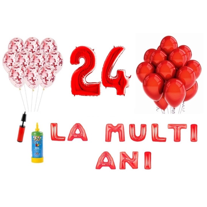 DOMI PARTY & GIFTS lufi szett, 34 elemes, Boldog Születésnapot 24 éves évfordulóra, fóliaszámok 101 cm, piros + Hélium palack