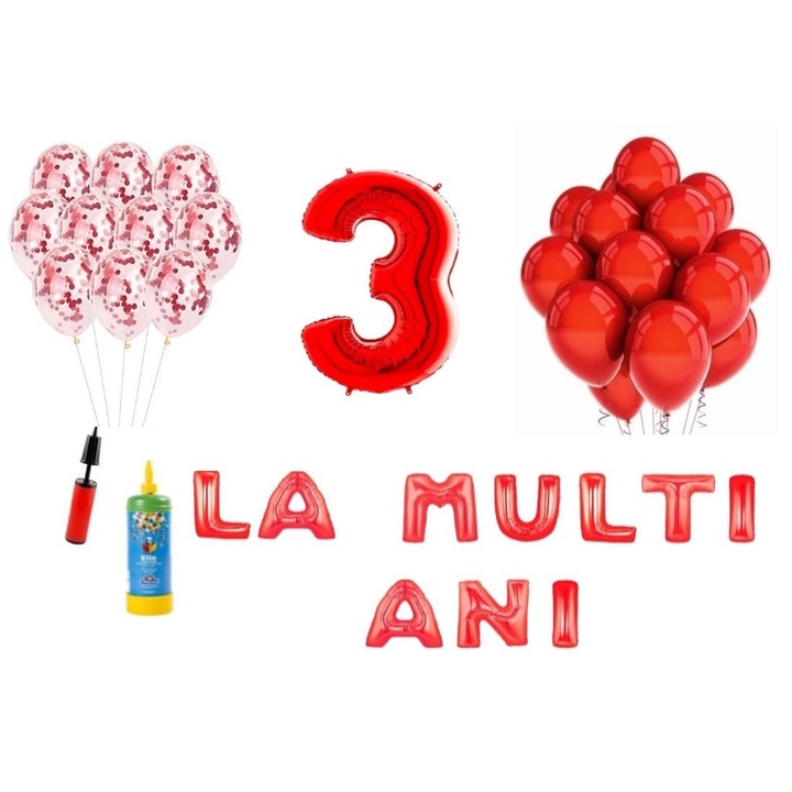 33 db-os DOMI PARTY & GIFTS lufi készlet, Boldog születésnapot 3 éves évfordulóra, 100 cm-es fóliafigura, piros + Hélium palack