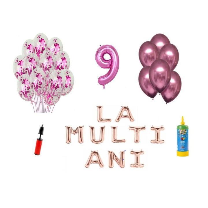 33 db-os DOMI PARTY & GIFTS lufi készlet, Boldog születésnapot 9 éves évfordulóra, 100 cm-es fóliafigura, rózsaszín + Hélium palack