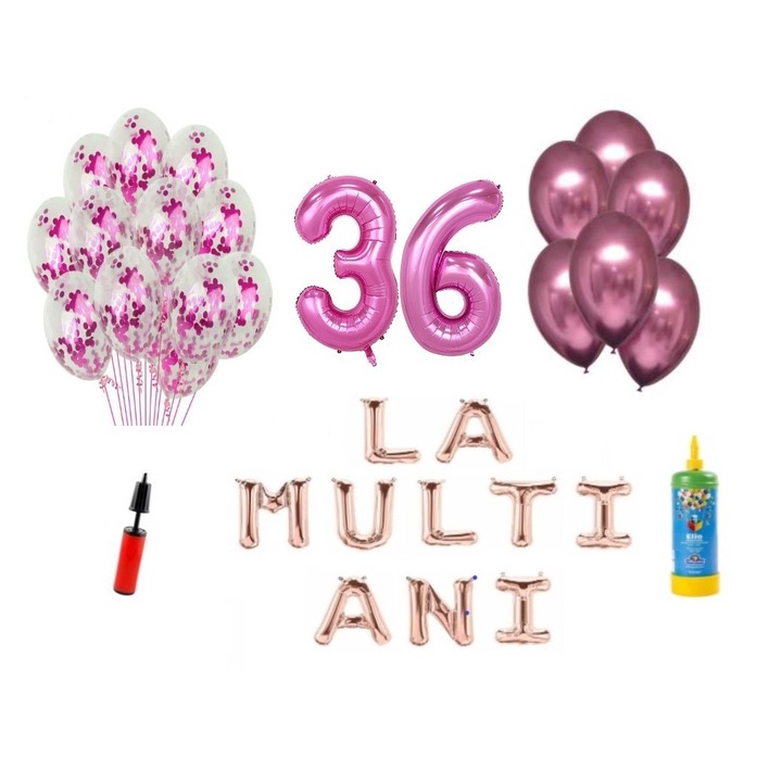 DOMI PARTY & GIFTS lufi szett, 34 elemes, Boldog születésnapot 36 év, fóliaszámok 101 cm, rózsaszín + Hélium palack