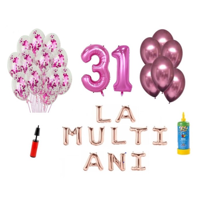 DOMI PARTY & GIFTS lufi szett, 34 elemes, Boldog születésnapot 31 éves, fóliaszámok 101 cm, rózsaszín + Hélium palack