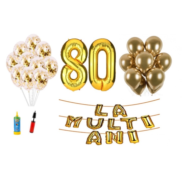 Комплект балони DOMI PARTY & GIFTS, 34 елемента, Happy Birthday 80 години, фолио цифри 101 см, злато + бутилка с хелий