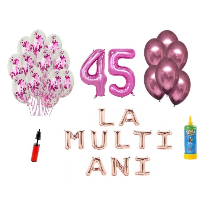 DOMI PARTY & GIFTS lufi szett, 34 elemes, Boldog születésnapot 45 éves évfordulóra, fóliaszámok 101 cm, rózsaszín + Hélium palack