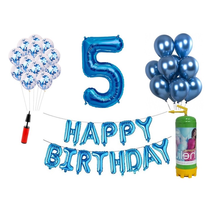 DOMI PARTY & GIFTS lufi szett, 36 elemes, Boldog születésnapot 5 éves évfordulóra, fóliaszám 101 cm, kék + Hélium palack