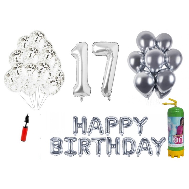 Set 37 baloane DOMI PARTY & GIFTS, Happy Birthday aniversare 17 ani, cifre folie 100 cm, argintiu + Butelie de heliu