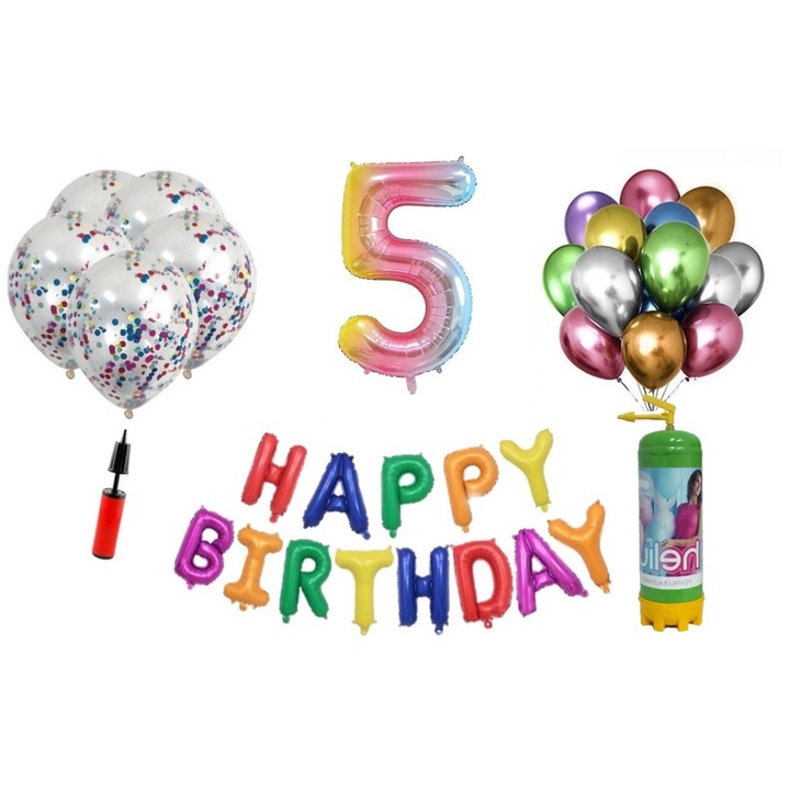 Комплект балони DOMI PARTY & GIFTS, 36 елемента, Happy Birthday 5 години юбилей, фолио номер 101 см, дъга, бутилка с хелий
