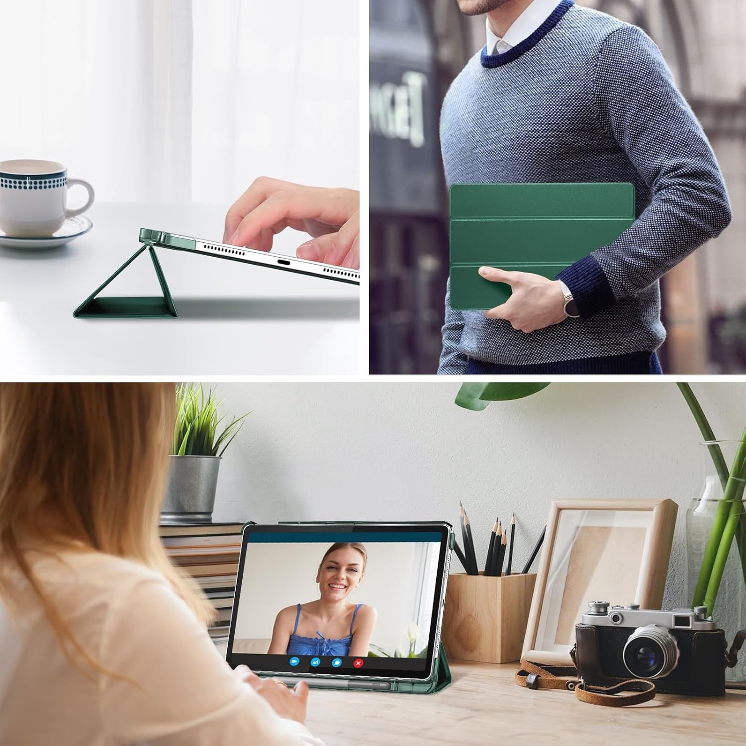 Carcasa de protectie pentru Lenovo Tab M11/Tab K11 LTE 11-inch 2024 TB330FU, suport subtire, carcasa de tableta Tri-Fold Hard Shell, suport auto Wake/Sleep, verde inchis