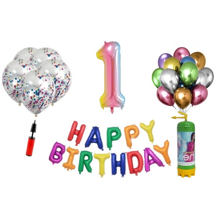 Комплект балони DOMI PARTY & GIFTS, 36 елемента, Happy Birthday 1 year юбилей, фолио номер 101 см, дъга + бутилка с хелий