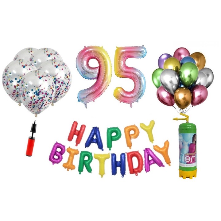 DOMI PARTY & GIFTS lufi készlet, 37 elemes, Boldog születésnapot 95 éves évfordulóra, fóliaszámok 101 cm, szivárvány + hélium palack