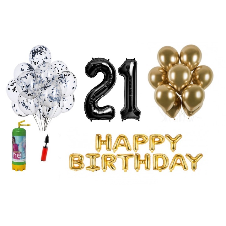 Комплект балони DOMI PARTY & GIFTS, 37 елемента, Happy Birthday 21 години юбилей, фолио цифри 101 см, черен + бутилка с хелий