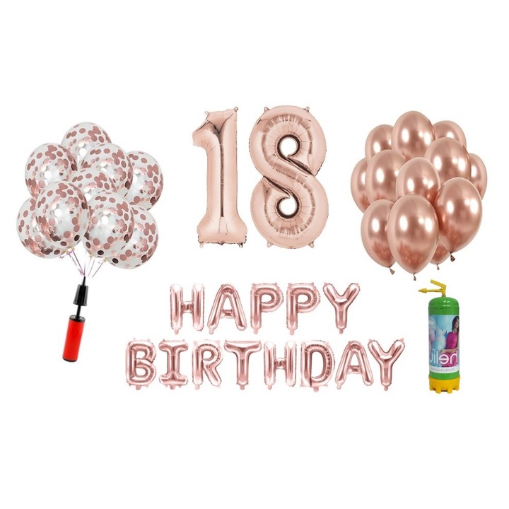 Set 37 baloane DOMI PARTY & GIFTS, Happy Birthday aniversare 18 ani, cifre folie 100 cm, rose gold + Butelie de heliu