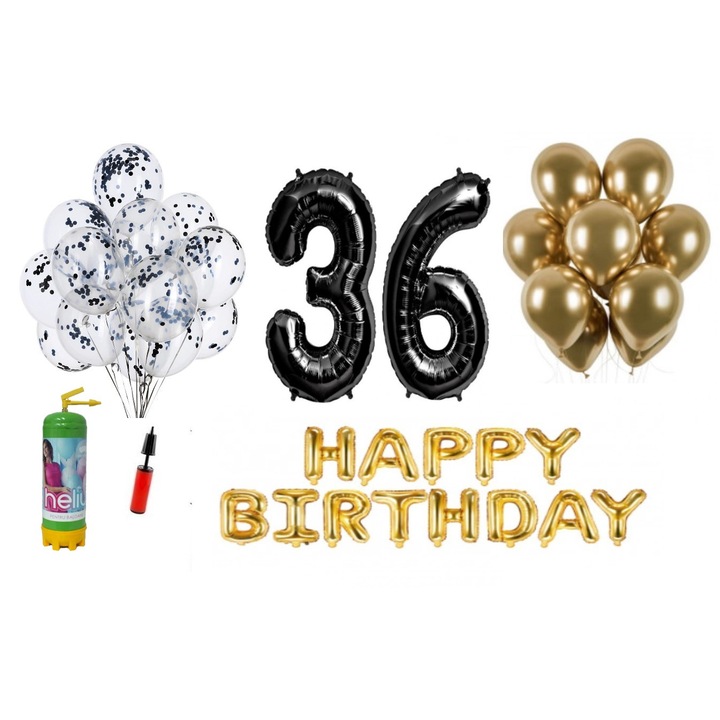 DOMI PARTY & GIFTS комплект балони, 37 елемента, Happy Birthday 36 години юбилей, фолио цифри 101 см, черен + бутилка с хелий