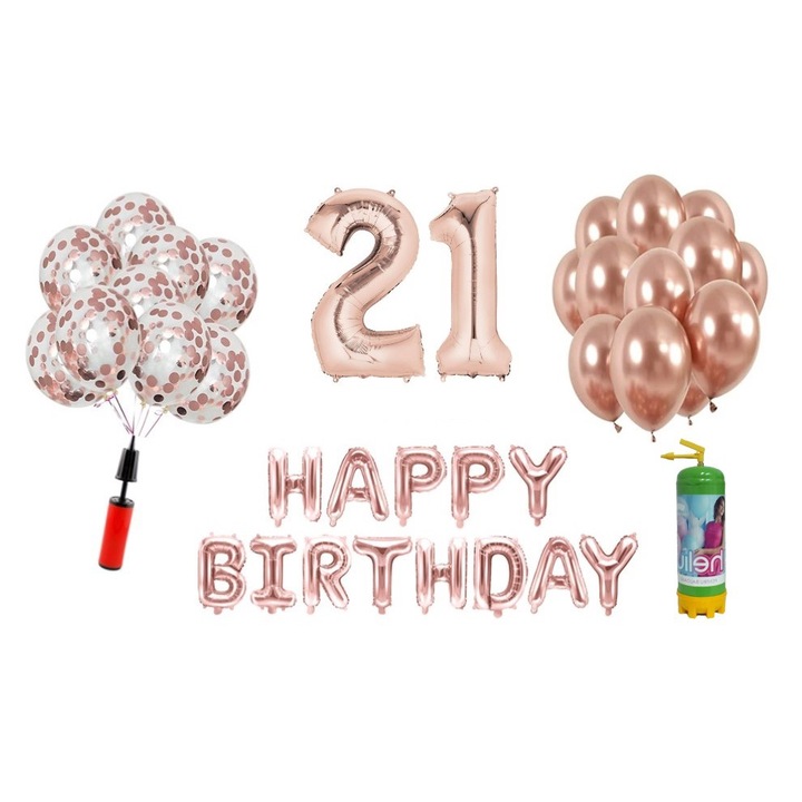 Комплект 37 балона DOMI PARTY & GIFTS, Happy Birthday 21 години юбилей, фолио цифри 100 см, розово злато + бутилка Хелий