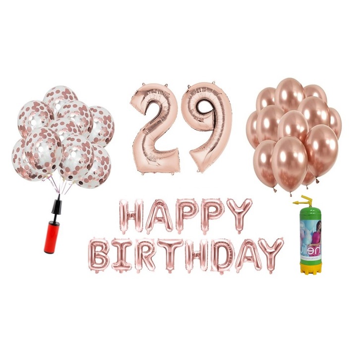 Set 37 baloane DOMI PARTY & GIFTS, Happy Birthday aniversare 29 ani, cifre folie 100 cm, rose gold + Butelie de heliu
