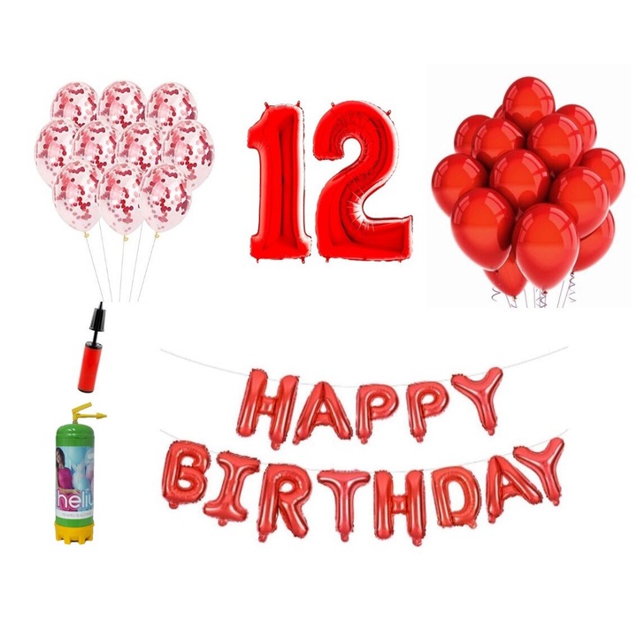 Set 37 baloane DOMI PARTY & GIFTS, Happy Birthday aniversare 12 ani, cifre folie 100 cm, rosu + Butelie de heliu