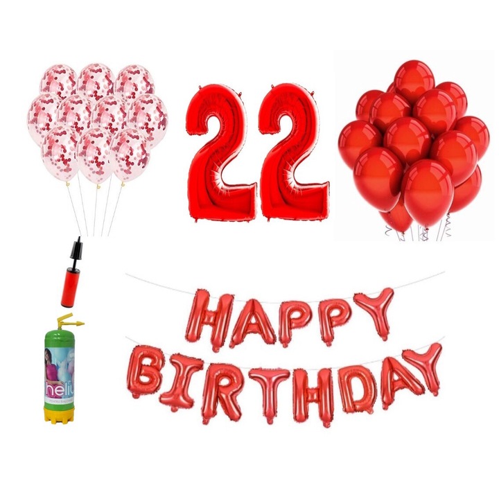 Set 37 baloane DOMI PARTY & GIFTS, Happy Birthday aniversare 22 ani, cifre folie 100 cm, rosu + Butelie de heliu