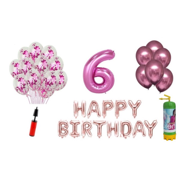 DOMI PARTY & GIFTS lufi szett, 36 elemes, Boldog születésnapot 6 éves évfordulóra, fóliaszám 101 cm, rózsaszín + Hélium palack