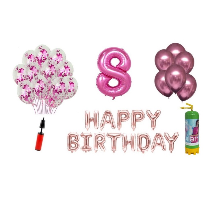 DOMI PARTY & GIFTS lufi szett, 36 elemes, Boldog születésnapot 8 éves évfordulóra, fóliaszám 101 cm, rózsaszín + Hélium palack