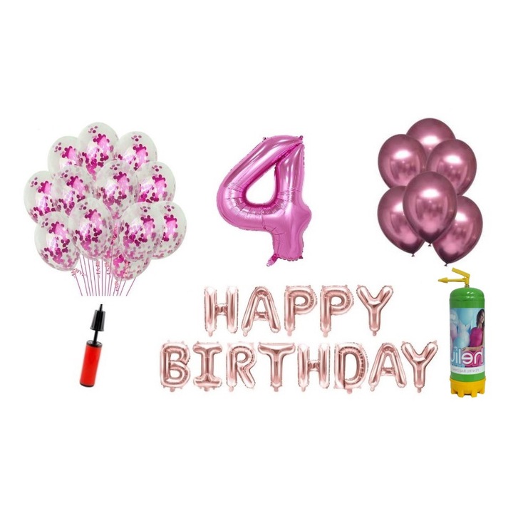 36 db-os DOMI PARTY & GIFTS lufi készlet, Boldog születésnapot 4 éves évfordulóra, fóliaszám 100 cm, rózsaszín + Hélium palack