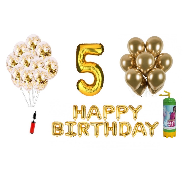 DOMI PARTY & GIFTS lufi szett, 36 elemes, Boldog születésnapot 5 éves évfordulóra, fóliaszám 101 cm, arany + Hélium palack
