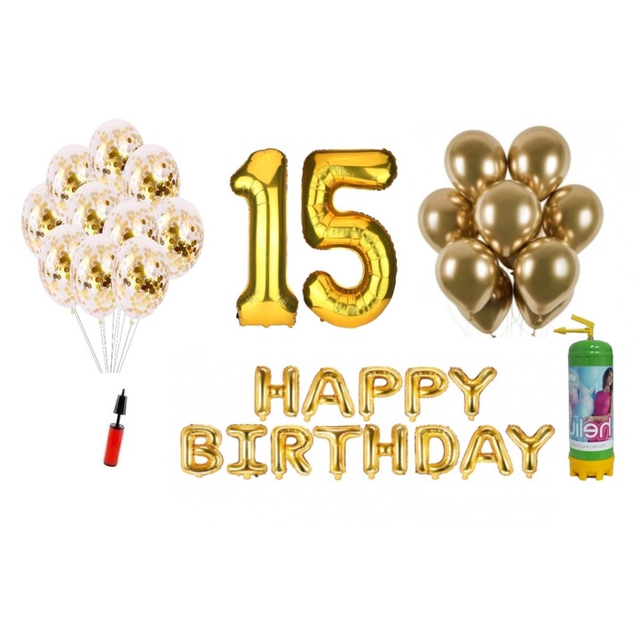 Комплект балони DOMI PARTY & GIFTS, 37 елемента, Happy Birthday 15 години юбилей, фолио цифри 101 см, злато + бутилка Хелий