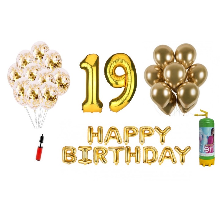 DOMI PARTY & GIFTS lufi szett, 37 elemes, Boldog születésnapot 19 éves évfordulóra, fóliaszámok 101 cm, arany + Hélium palack