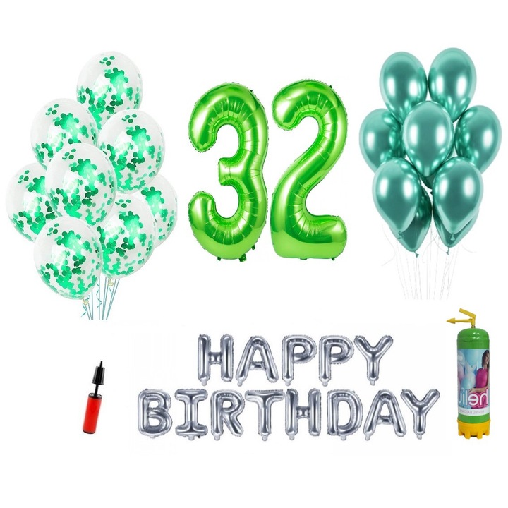 DOMI PARTY & GIFTS lufi szett, 37 elemes, Boldog születésnapot 32 éves évfordulóra, fóliaszámok 101 cm, zöld + Hélium palack