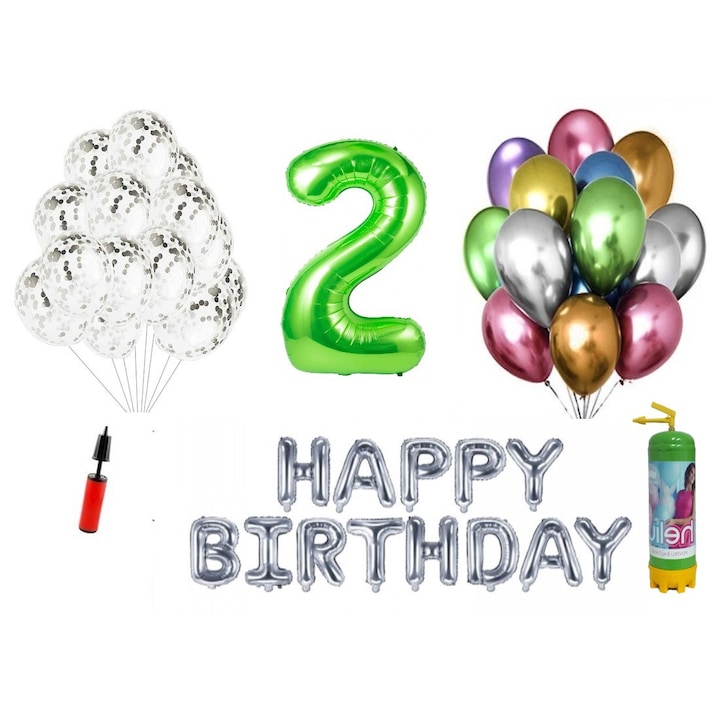 DOMI PARTY & GIFTS lufi szett, 36 elemes, Boldog születésnapot 2 éves évfordulóra, fóliaszám 1,01 m, zöld + Hélium palack