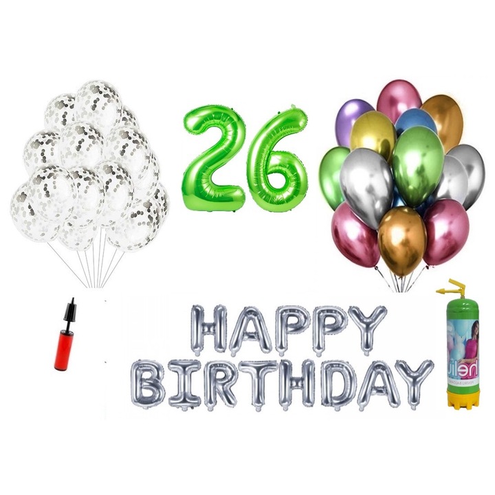 DOMI PARTY & GIFTS lufi szett, 37 elemes, Boldog születésnapot 26 éves évfordulóra, fóliaszámok 1,01 m, zöld + Hélium palack