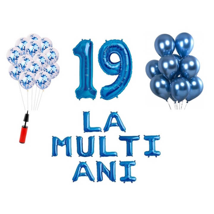 33 db lufi készlet, La Multi Ani, 19 éves évforduló, fóliaszámok 100 cm, kék