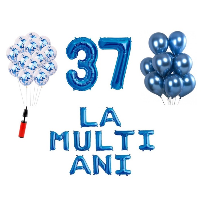 Set 33 baloane, La Multi Ani aniversare 37 ani, cifre folie 100 cm, albastru