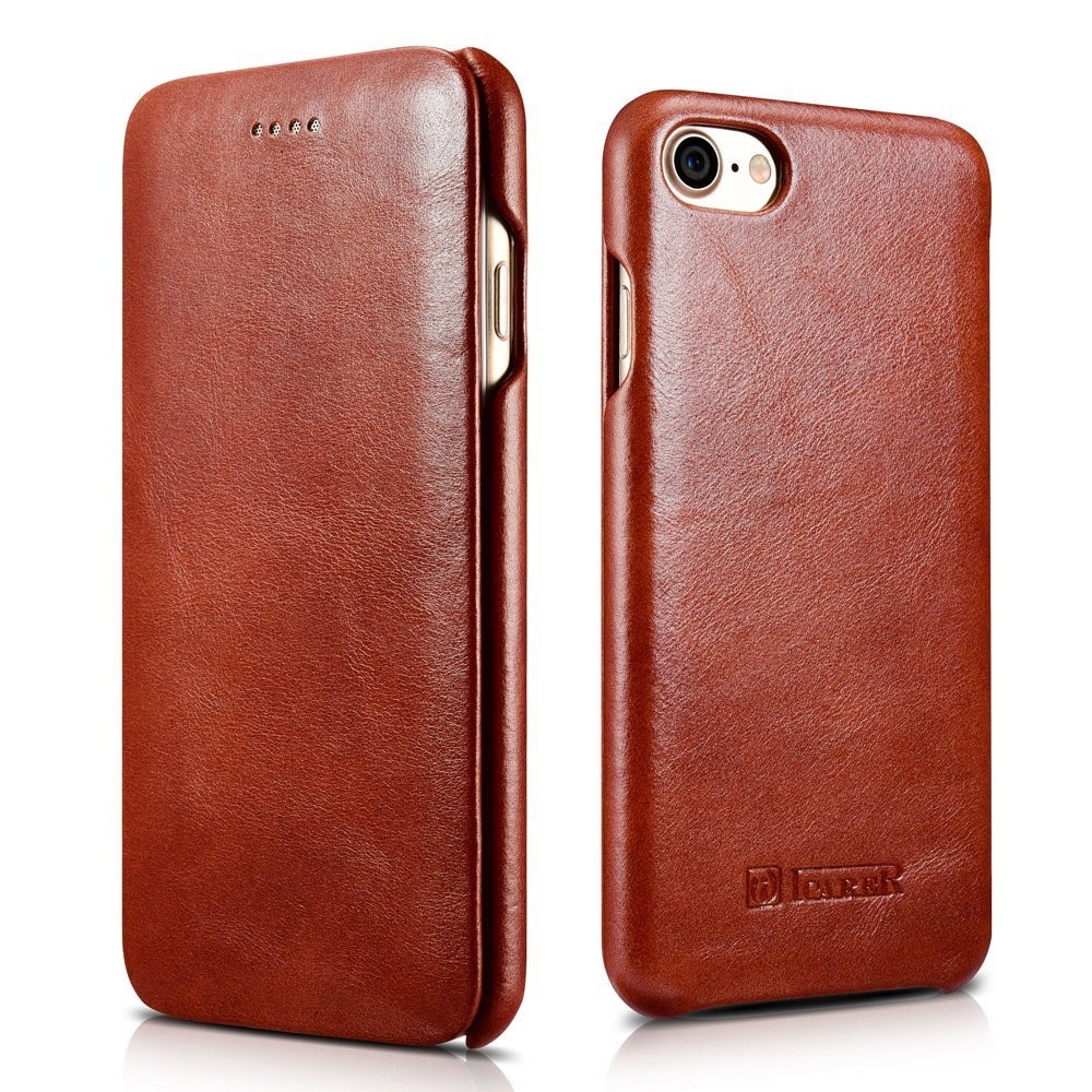 Husa iPhone SE 2 (2020), iPhone 8, iPhone 7, iCarer Vintage Curved Series, din piele, tip carte, culoare Maro coniac