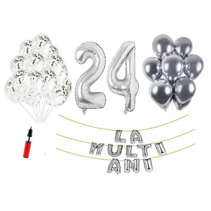 33 db lufi készlet, Boldog születésnapot 24 éves évfordulóra, fóliaszámok 100 cm, ezüst