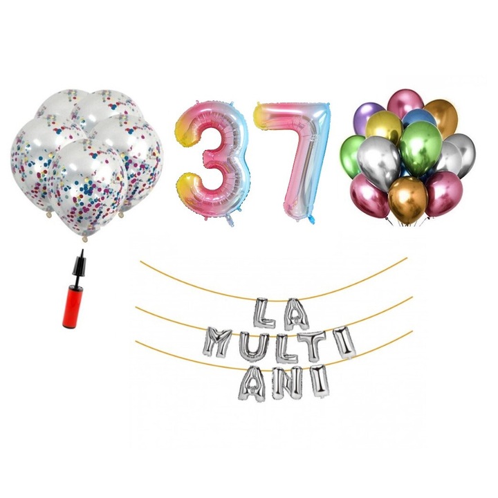 Set 33 baloane, La Multi Ani aniversare 37 ani, cifre folie 100 cm, curcubeu
