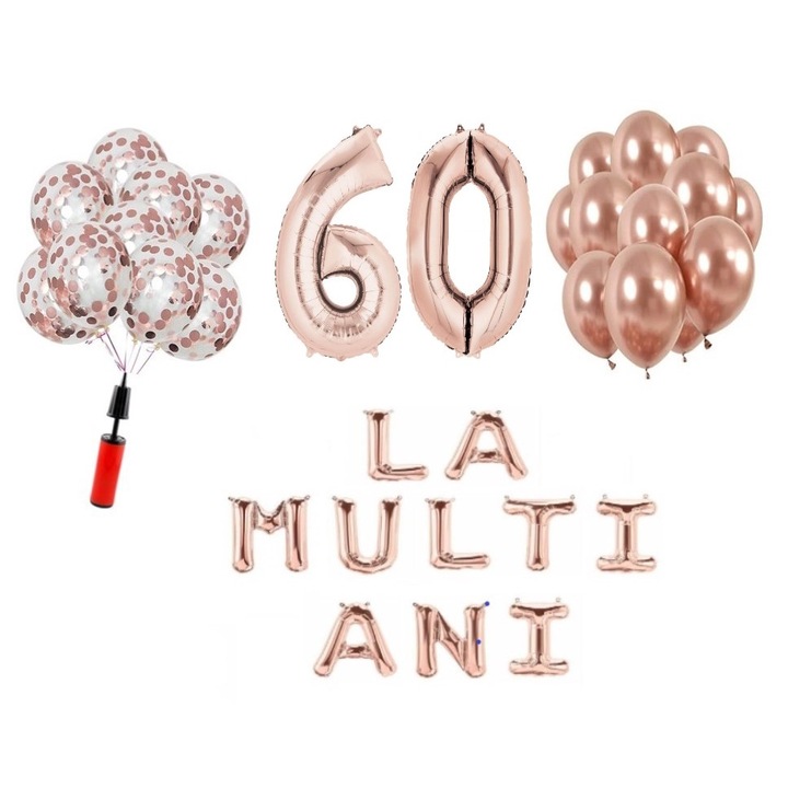 Set 33 baloane, La Multi Ani aniversare 60 ani, cifre folie 100 cm, rose gold